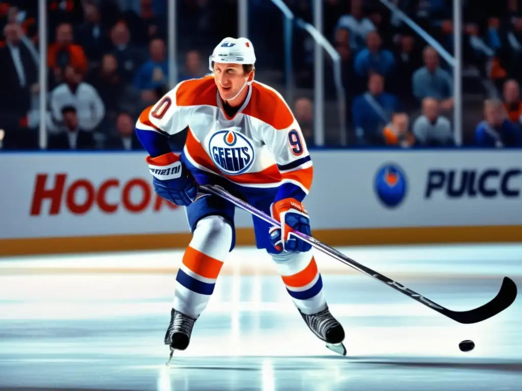 Wayne Gretzky patinando con intensidad, capturando su legado revolucionario en el hockey