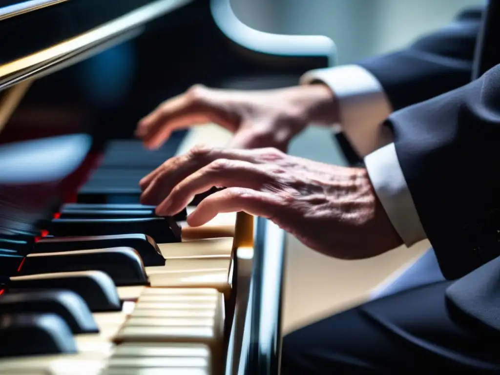 Philip Glass interpreta con pasión y precisión, reflejando la intensidad de su música minimalista en cada movimiento de sus manos sobre el piano