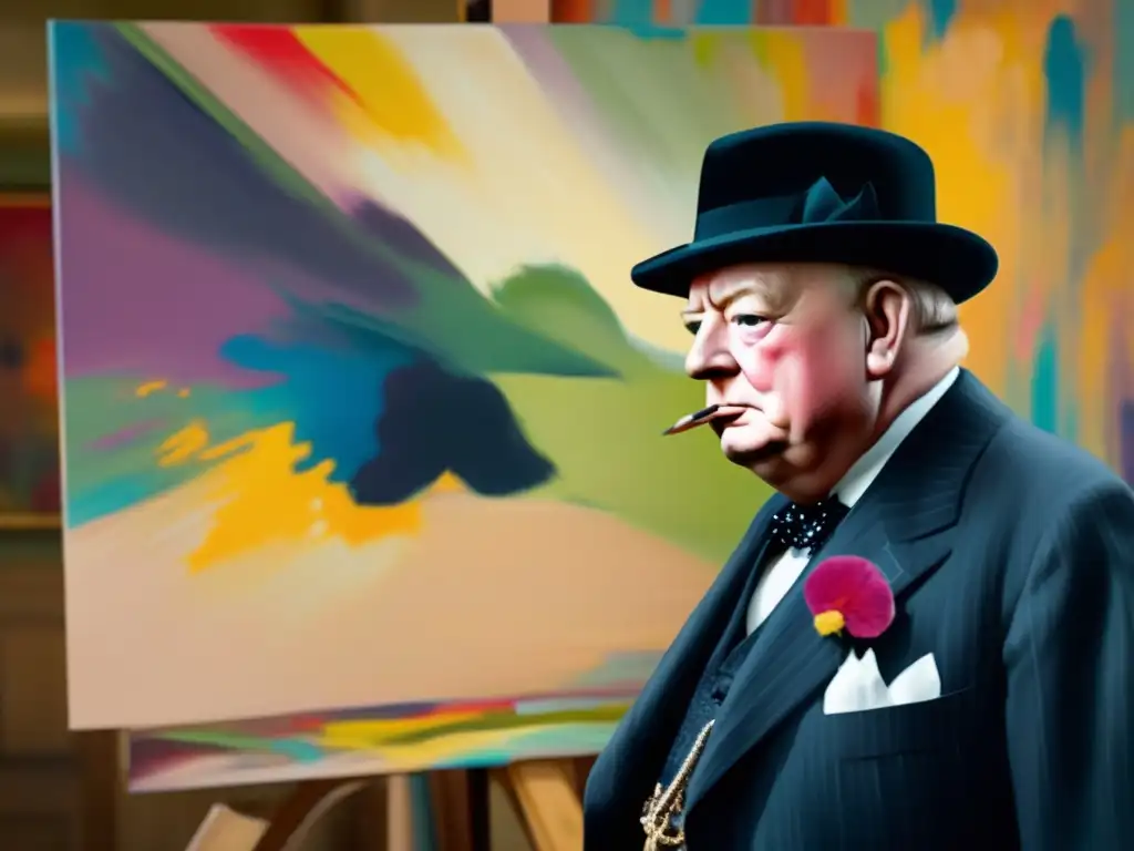 Winston Churchill pintando con intensidad, reflejando su pasión artística