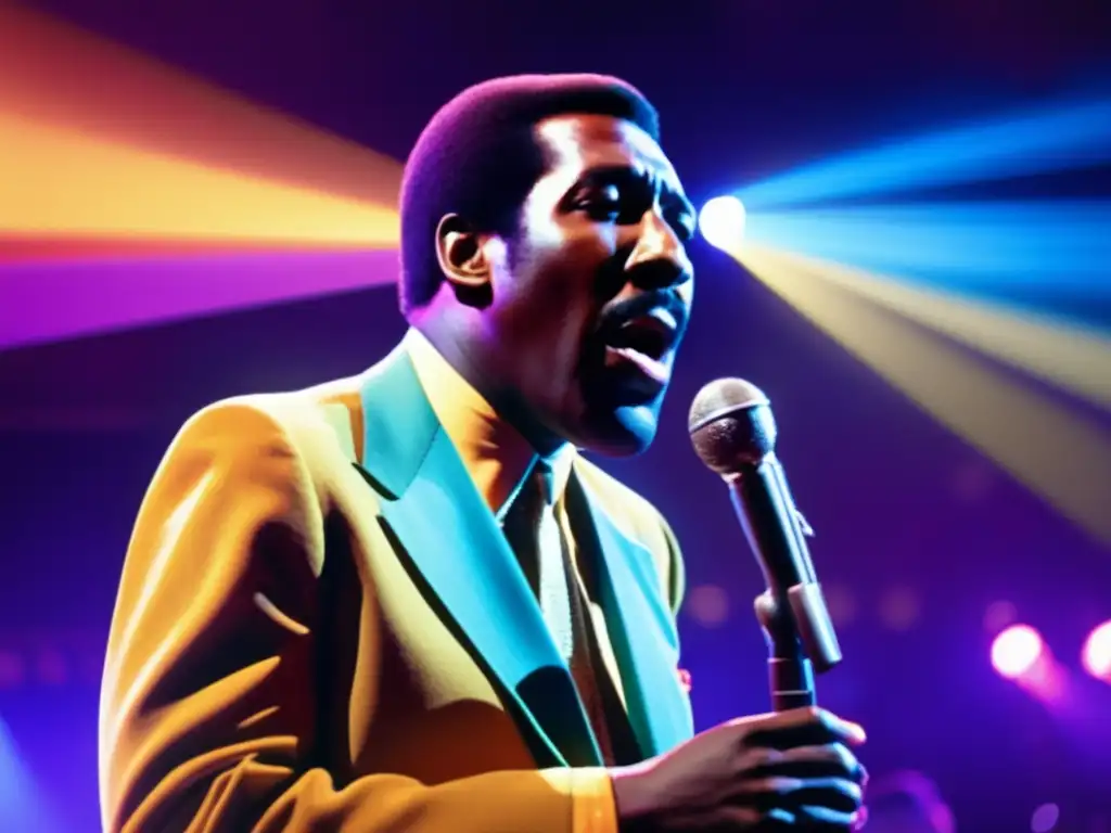 Con una intensidad soul, Otis Redding brilla en el escenario, iluminado por luces dinámicas