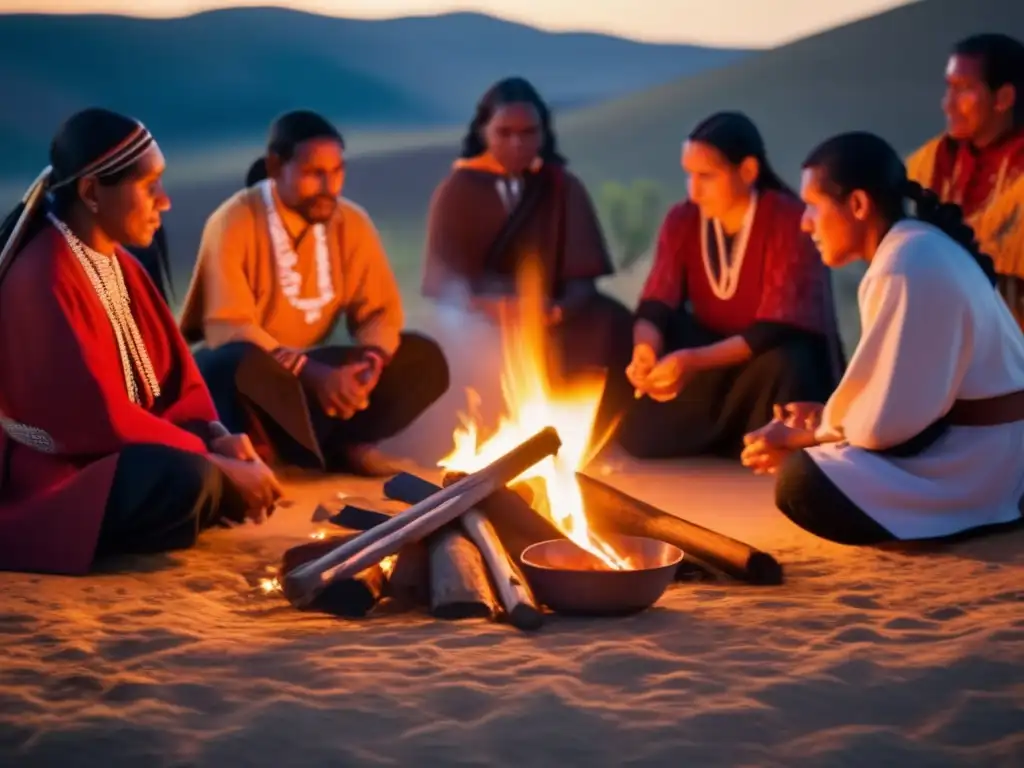 Un intercambio cultural entre pioneros del Nuevo Mundo y figuras clave en una escena iluminada por el fuego