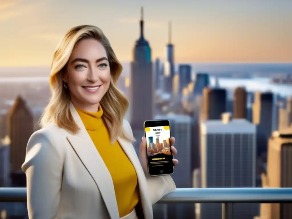 Whitney Wolfe Herd presenta la interfaz de Bumble en un moderno smartphone, destacando su enfoque innovador en el dating online