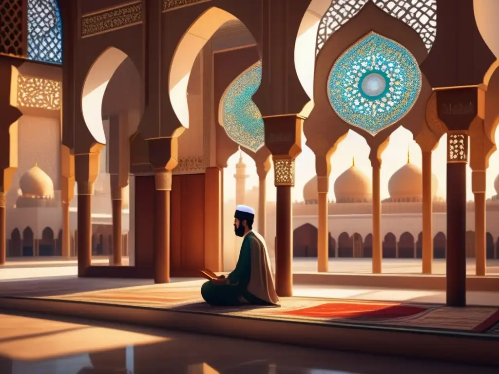 En el interior de una gran mezquita, AlGhazali reflexiona entre antiguos textos islámicos, con una atmósfera serena y contemplativa