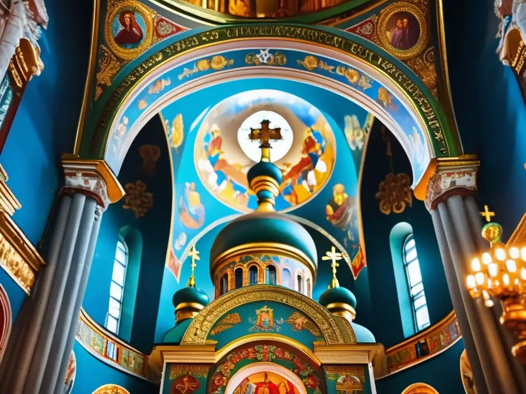 Un interior impresionante de la Iglesia Ortodoxa Rusa del Salvador sobre la Sangre en San Petersburgo, destacando la influencia de la Iglesia en Rusia Imperial