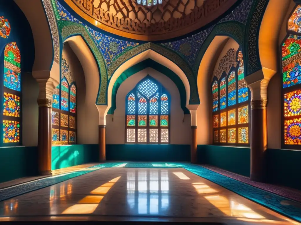El interior de una mezquita sufí irradia la influencia de Rumi en espiritualidad, con mosaicos y luz multicolor