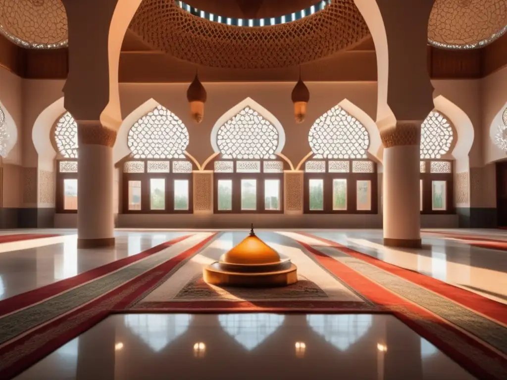 En el interior de una mezquita moderna, la luz natural ilumina patrones geométricos
