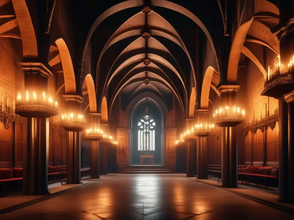 En el interior de la sede de la Inquisición española, majestuosa arquitectura gótica, pasillos sombríos y símbolos religiosos imponentes