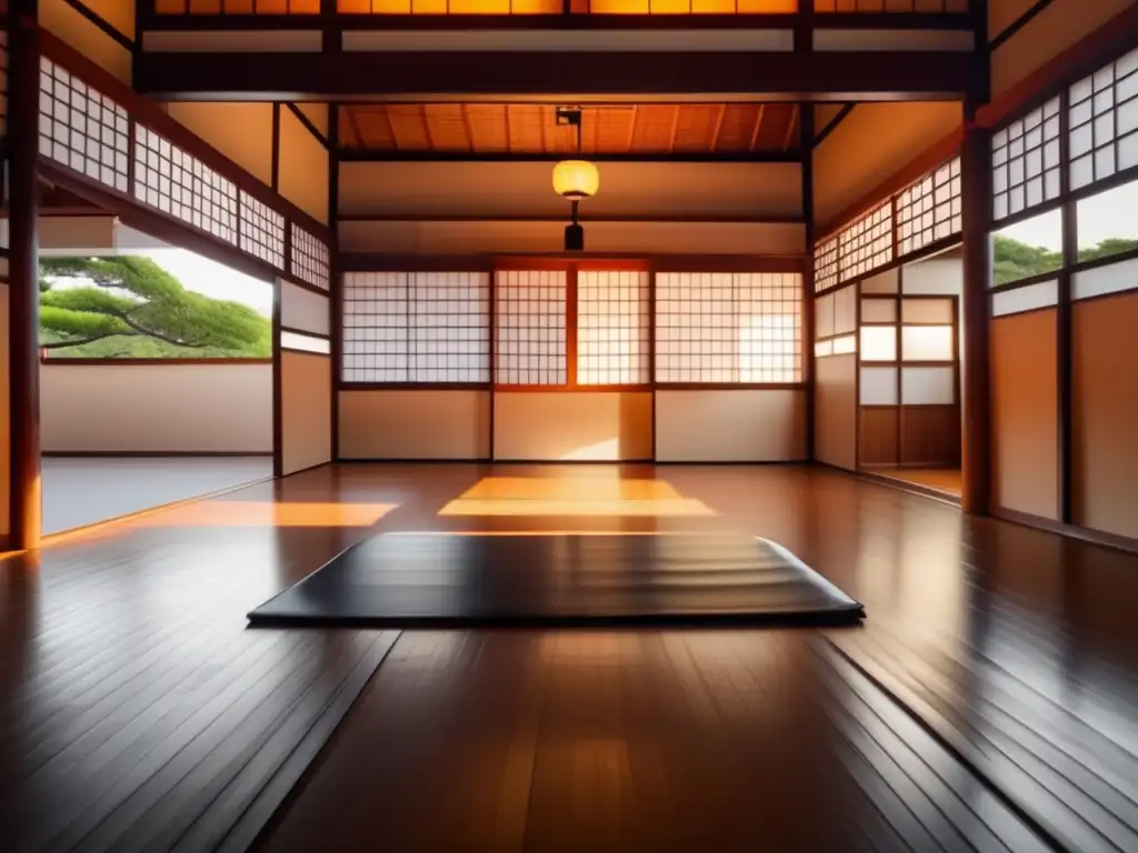 Interior sereno de un dojo de karate en Okinawa, con karateka practicando kata, evocando la historia y filosofía de Gichin Funakoshi