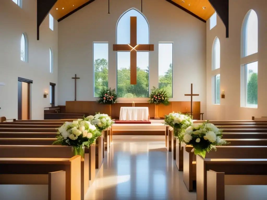 El interior sereno y moderno de una iglesia cristiana con luz natural iluminando el espacio