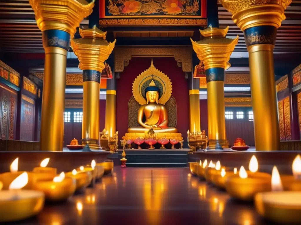Arte Sagrado: Interior Dorado de un Templo Budista- En el interior de un templo budista en Asia, se encuentran estatuas doradas, tapices vibrantes y una luz cálida de velas