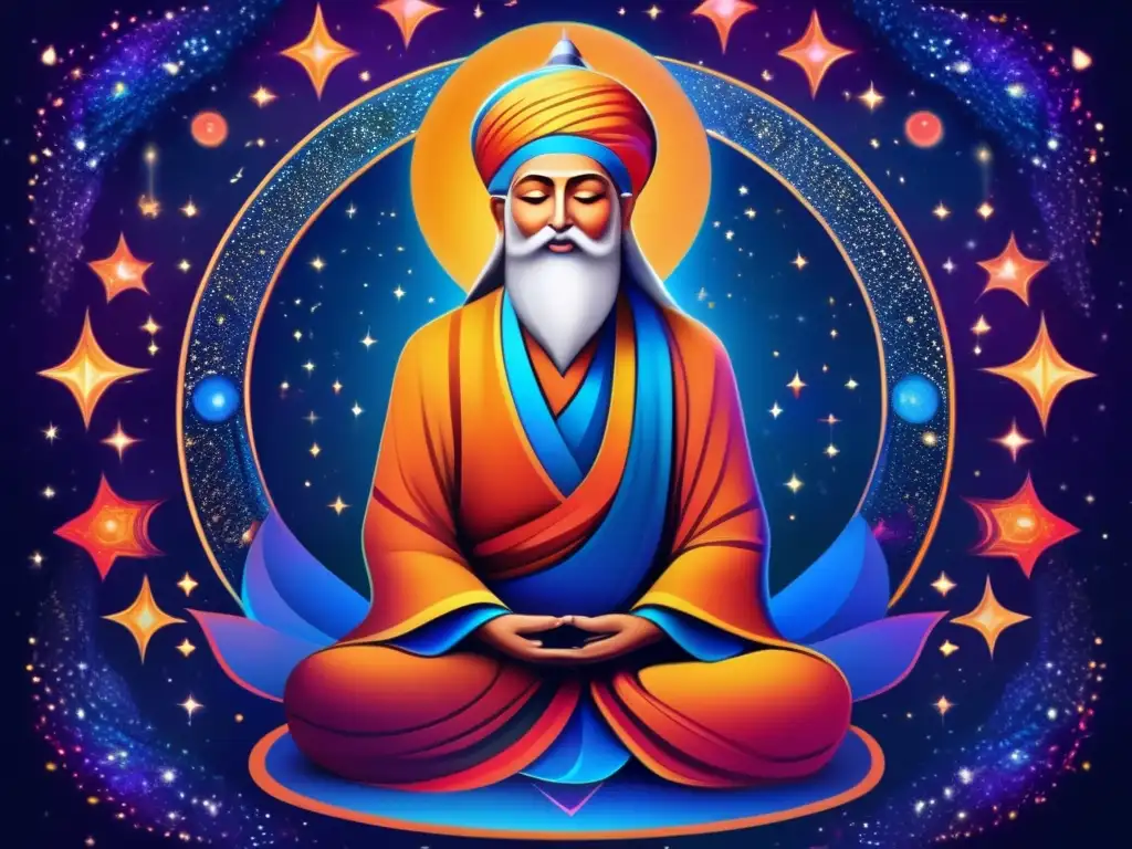 Una interpretación digital asombrosa y moderna de Rumi meditando en un aura vibrante de amor y sabiduría universal