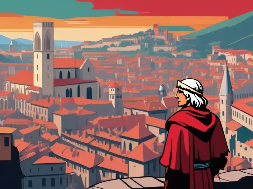 Una interpretación divina de Dante Alighieri contemplando una bulliciosa ciudad medieval