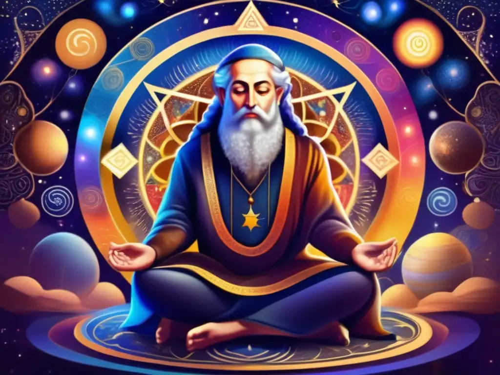 Una interpretación mística del Judaísmo: Isaac Luria en meditación, canalizando energías cósmicas con símbolos kabbalísticos y geometría sagrada