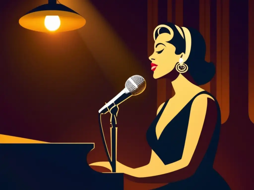 En el íntimo club de jazz, una cantante interpreta un bolero conmovedor bajo el foco, evocando la época del bolero de Agustín Lara