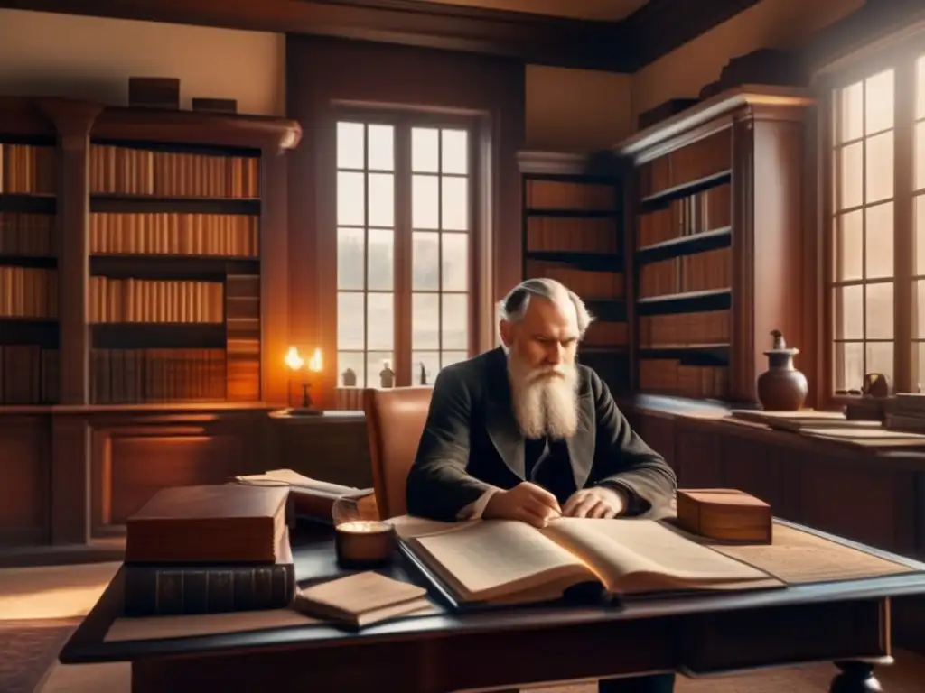 El íntimo estudio de Leo Tolstoy, escritor ruso del siglo XIX, con su escritorio, libros de cuero y suave luz natural