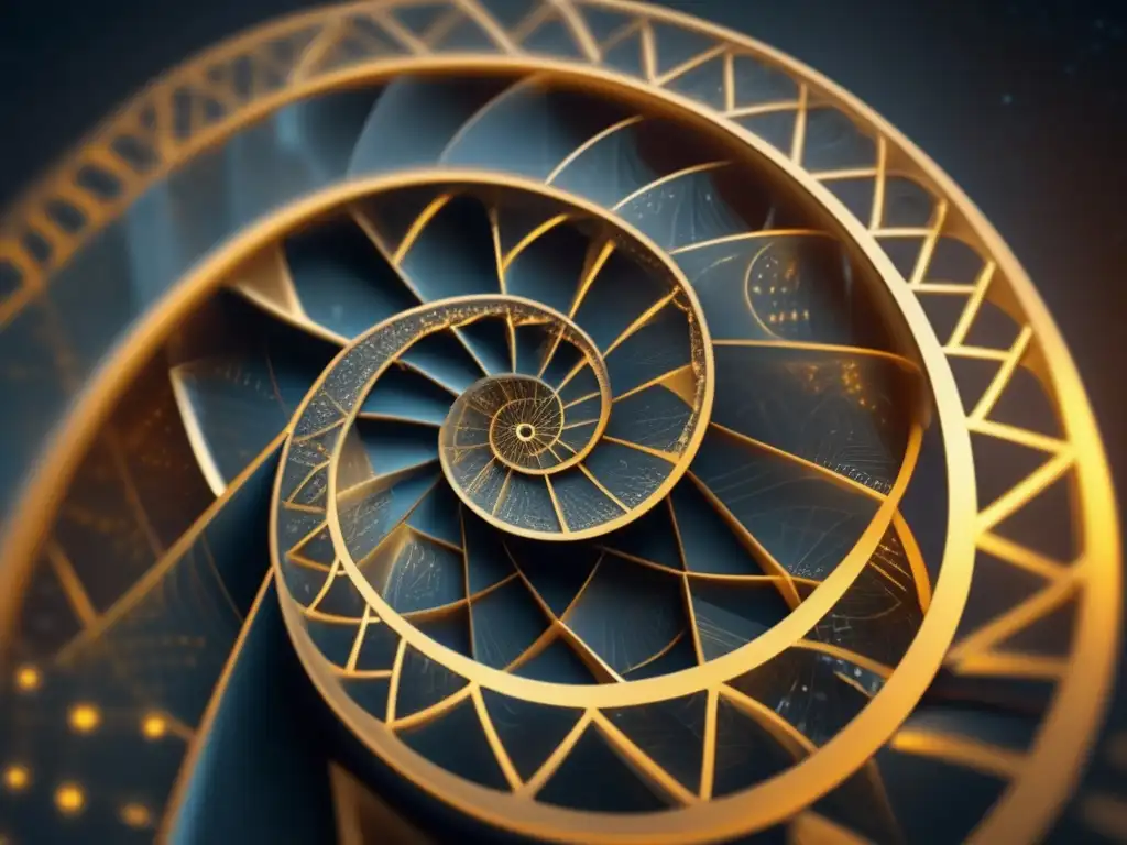 Un intrincado espiral dorado con ecuaciones matemáticas, en un fondo oscuro con brillos etéreos y patrones geométricos, fusionando misticismo y matemáticas de manera abstracta y cautivadora