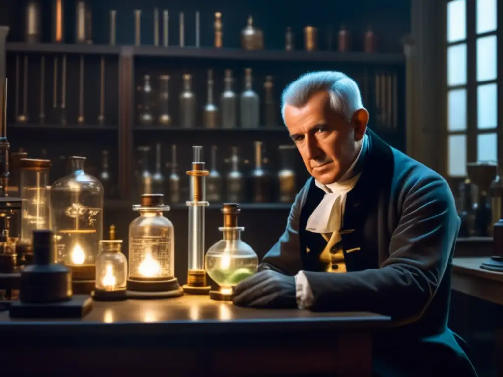 Alessandro Volta examina la invención de la batería eléctrica en su laboratorio del siglo XVIII