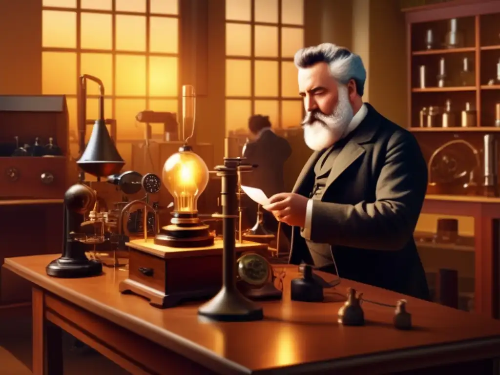 Alexander Graham Bell perfeccionando su invención del teléfono en su laboratorio, bañado en cálida luz dorada