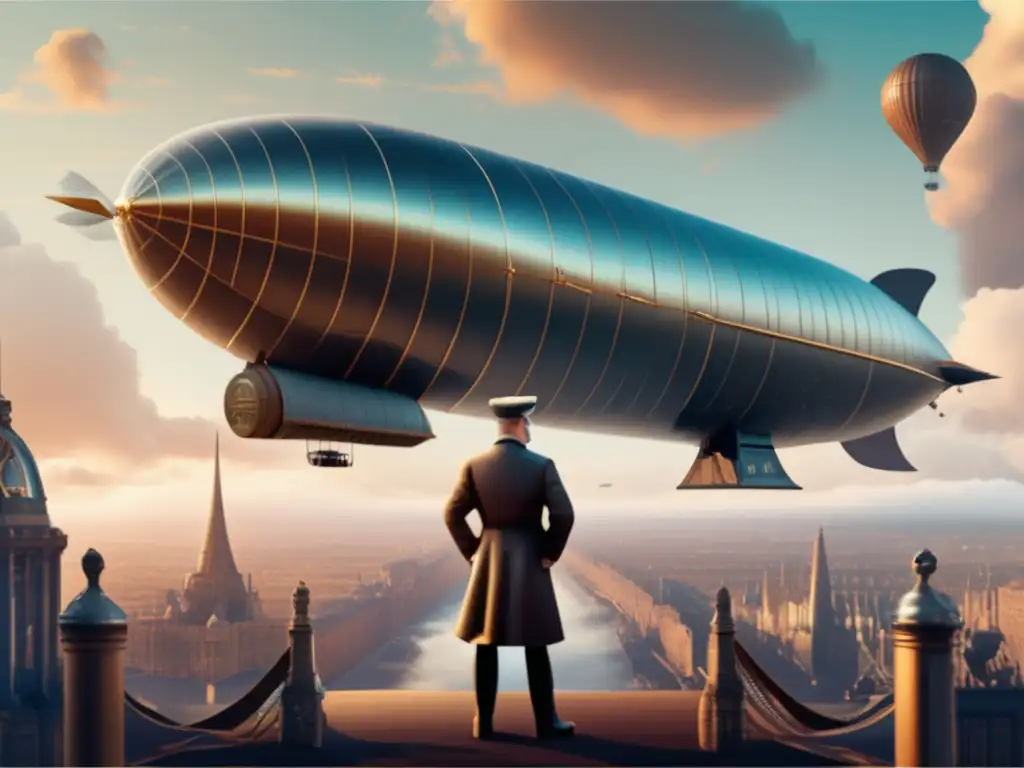 El inventor del dirigible, Ferdinand von Zeppelin, se erige orgulloso junto a su icónica creación