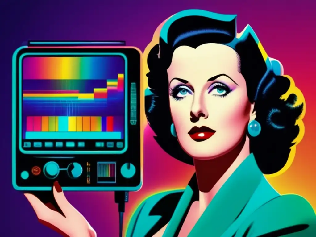 Hedy Lamarr inventora del espectro ensanchado posa con un analizador de espectro, fusionando belleza e inteligencia en su legado innovador