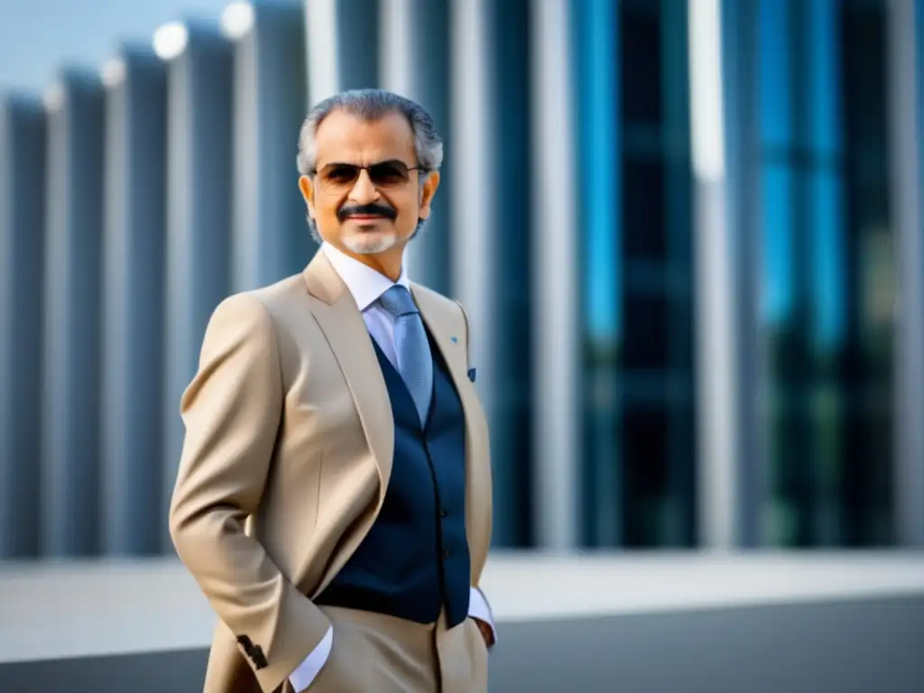 El príncipe Alwaleed bin Talal irradia confianza y autoridad frente a un edificio moderno y futurista