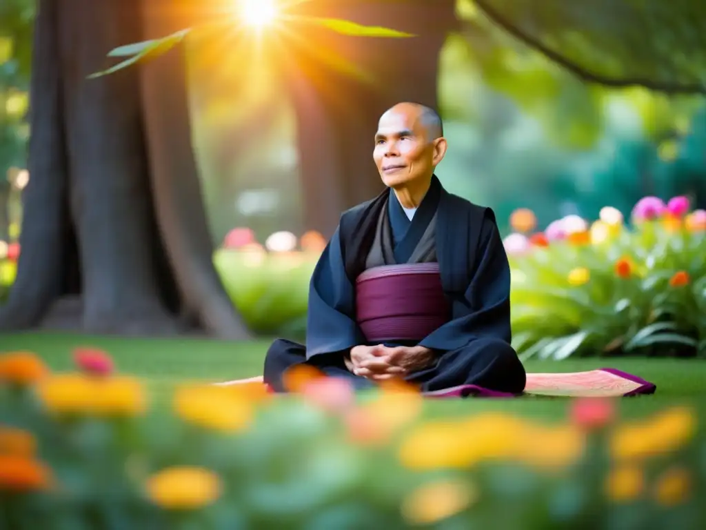 Thich Nhat Hanh irradia serenidad en un jardín exuberante, representando la transformación del activismo mediante la NoViolencia