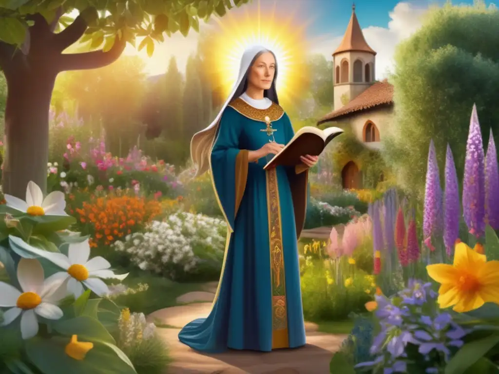 Hildegard von Bingen en el jardín celestial En el jardín, Hildegard von Bingen irradia serenidad, rodeada de flores y hierbas medicinales