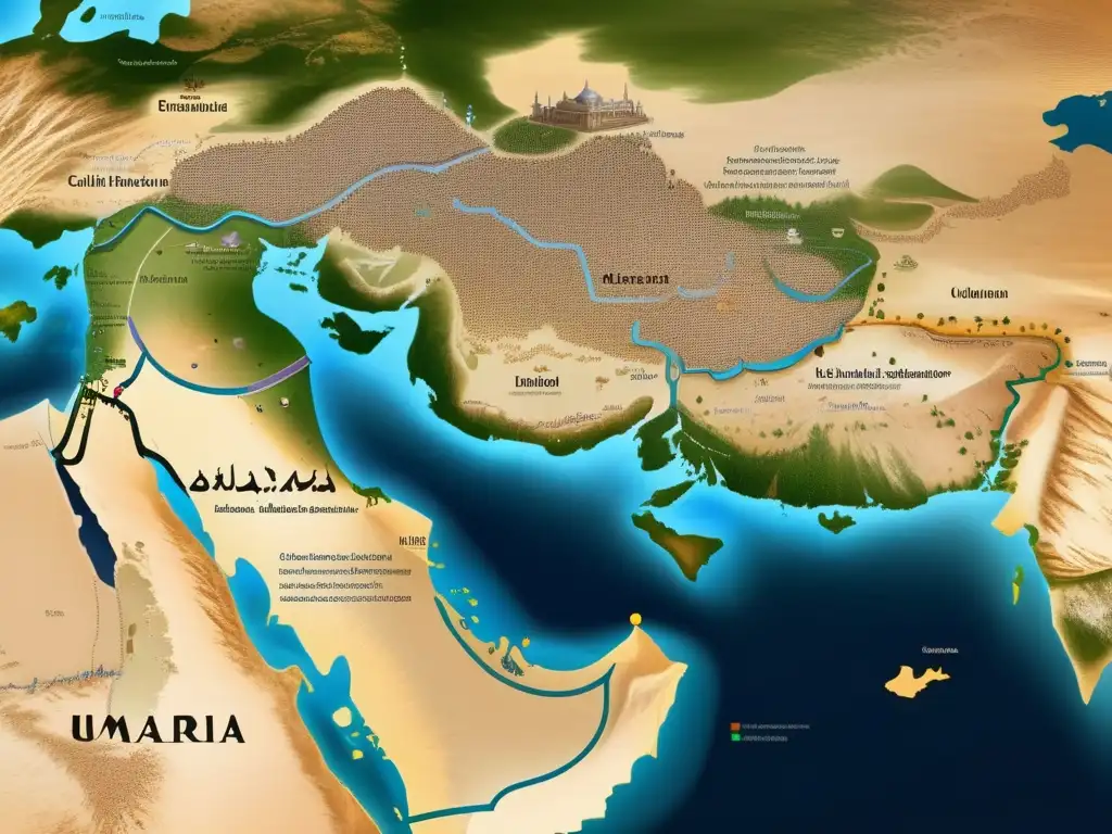La expansión del Islam bajo Califa Umar: una imagen ultrarresolución del imperio islámico en su esplendor, con bulliciosas rutas comerciales y magníficas construcciones