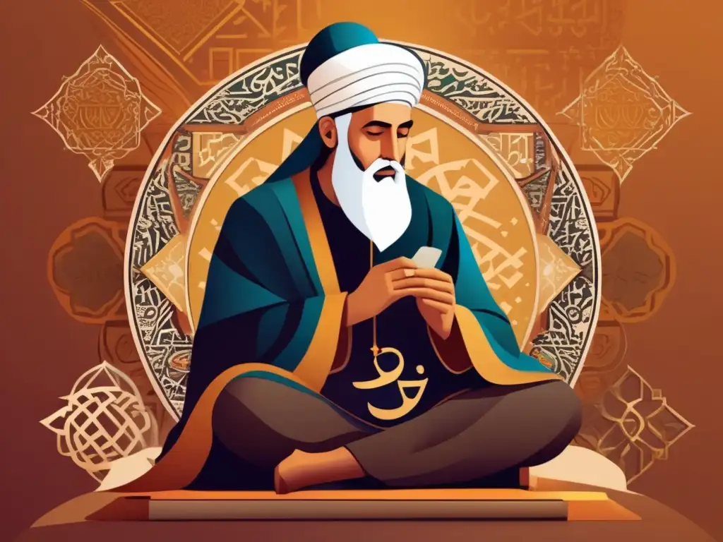 Averroes, filósofo islámico de la Edad Media, en una ilustración digital vibrante y moderna, rodeado de caligrafía árabe y patrones geométricos