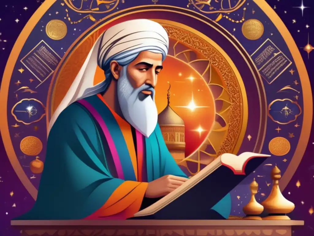 Averroes, filósofo islámico de la Edad Media, inmerso en pensamientos profundos entre manuscritos antiguos y símbolos celestiales