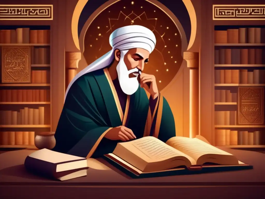 Averroes, filósofo islámico de la Edad Media, inmerso en su estudio rodeado de manuscritos antiguos