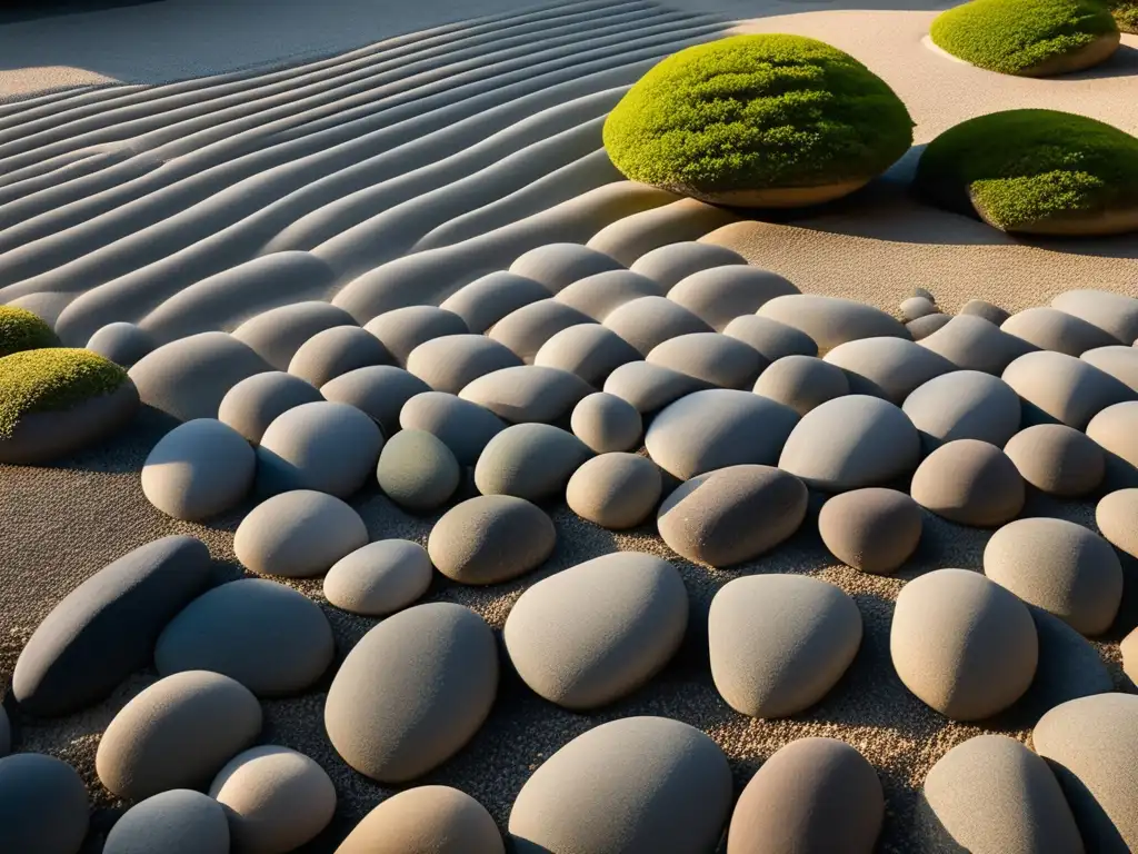 Un jardín zen japonés antiguo detallado, con grava rastrillada y piedras