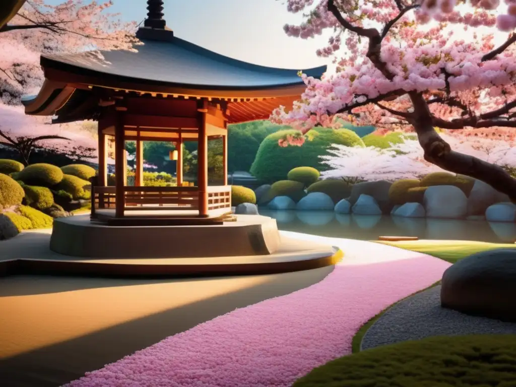 Un jardín japonés con un cerezo en flor iluminando una pagoda