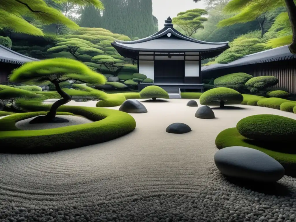 Un jardín Zen japonés perfectamente cuidado, con rocas y grava meticulosamente rastrilladas