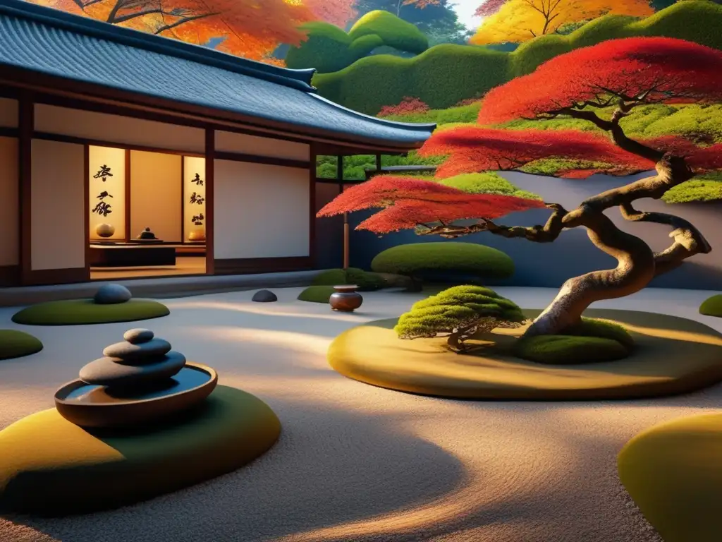 Un jardín Zen japonés con grava, bonsáis, puente de madera y colores otoñales