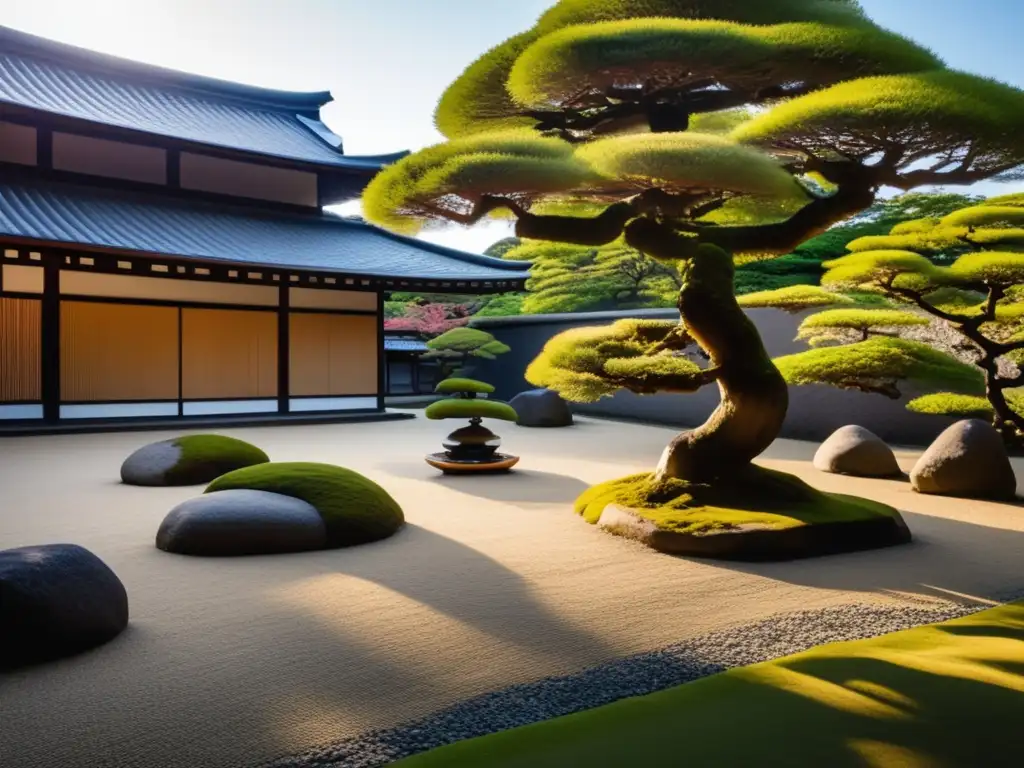 Un jardín zen japonés con rocas, bonsáis y un templo de madera, reflejando la influencia contemporánea del Zen Dogen Zenji