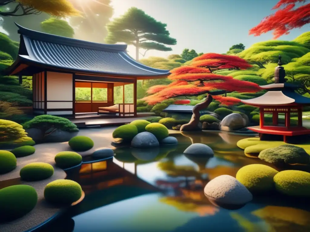 Un jardín japonés sereno con bonsáis, un estanque de koi y una casa de té de madera, capturando la influencia oriental en el arte del Renacimiento