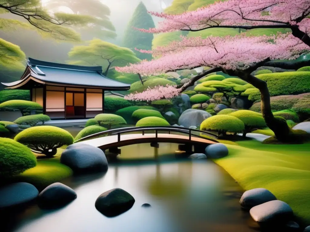 Un jardín japonés sereno con una casa de té de madera al fondo, reflejando la filosofía de Nishida Kitaro y la escuela de Kioto