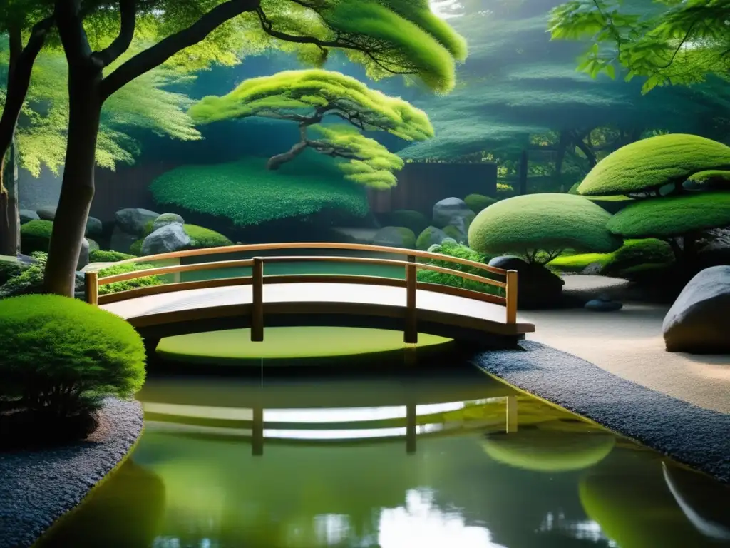 Un jardín japonés sereno y minimalista, con un estanque tranquilo, un puente pequeño y exuberante vegetación