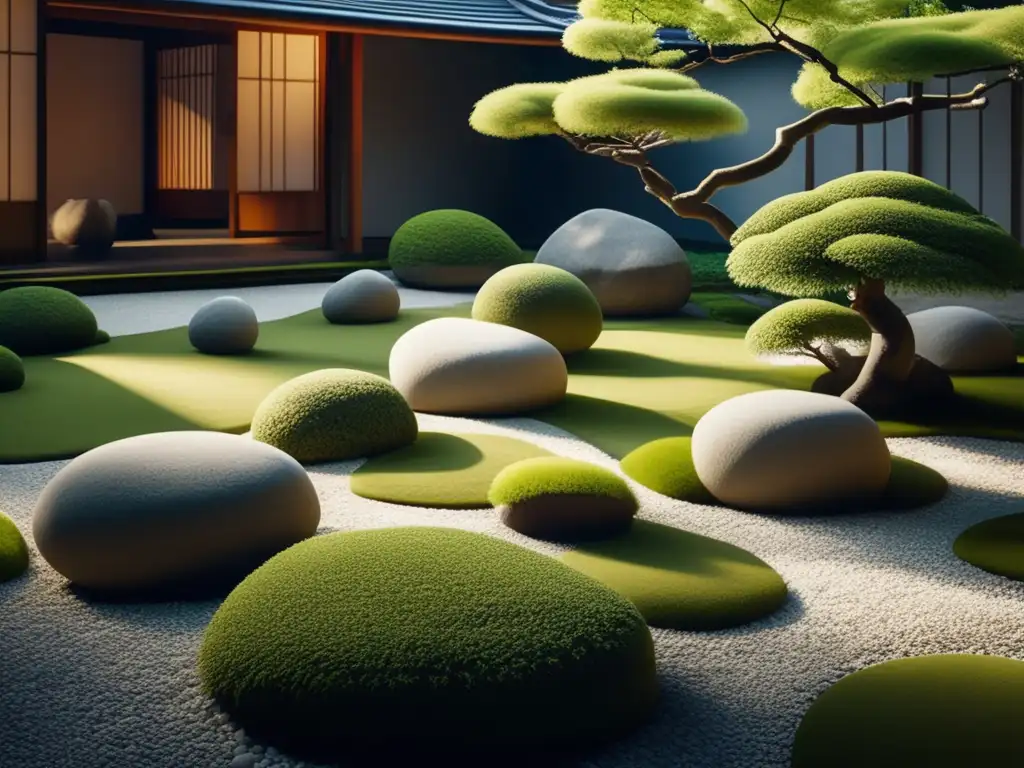 Un jardín japonés sereno y minimalista con grava blanca cuidadosamente rastrillada, rocas estratégicamente ubicadas y árboles podados