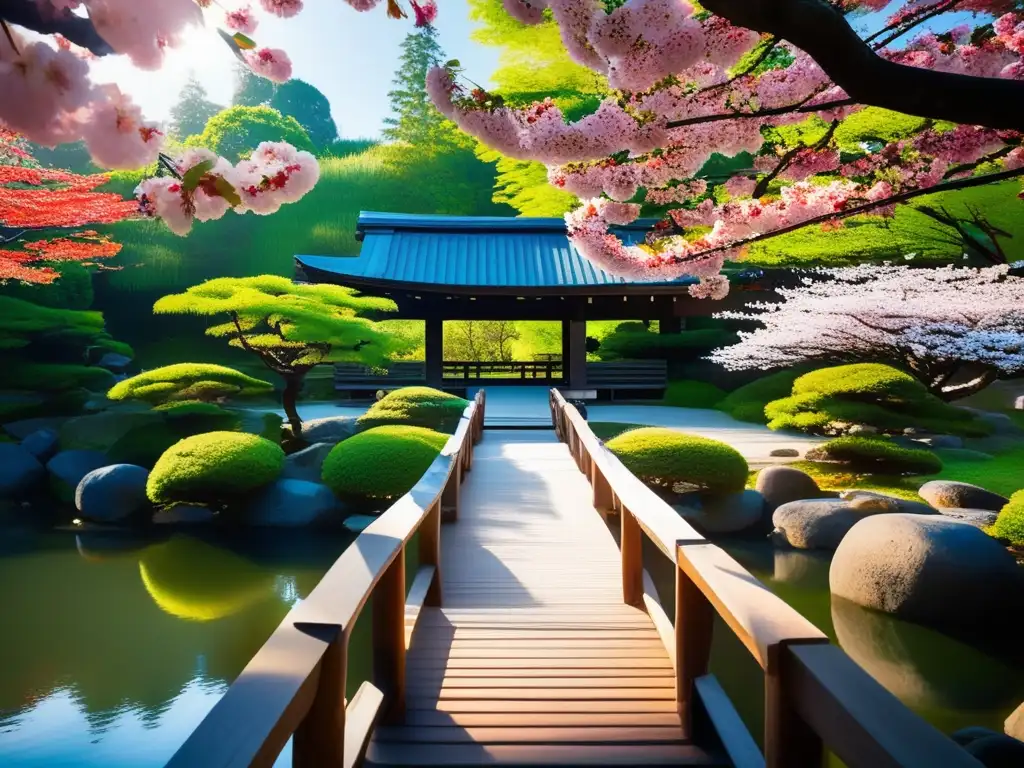 Un jardín japonés sereno con un puente de madera tradicional sobre un estanque, rodeado de exuberante vegetación y coloridos cerezos en flor