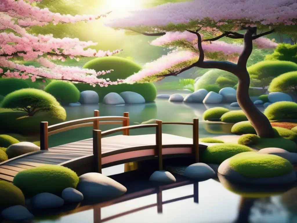 Un jardín japonés sereno con rocas cubiertas de musgo, un puente de madera y árboles de cerezo en flor