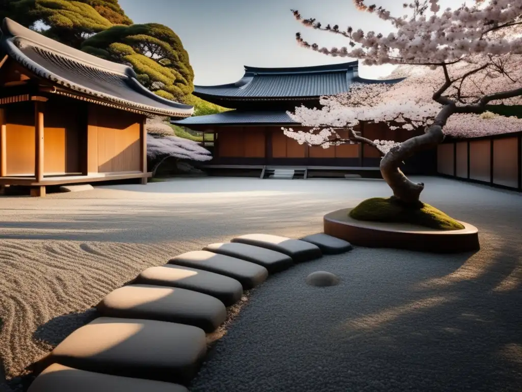 Un jardín zen japonés tradicional con gravilla y rocas, un templo de madera y cerezos en flor