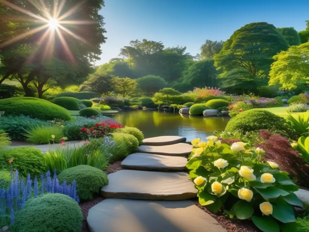 Un jardín sereno bañado por la luz del sol, con exuberante vegetación, flores vibrantes y un estanque tranquilo