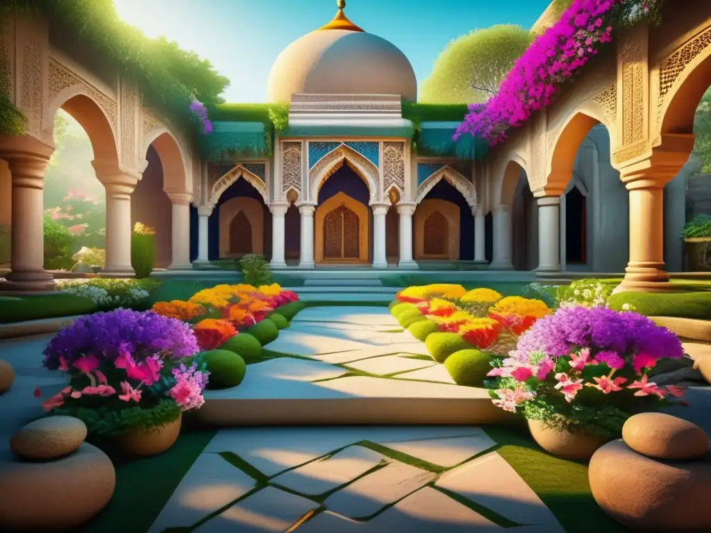 Un jardín sereno con flores vibrantes, arquitectura de piedra tallada y luz filtrada