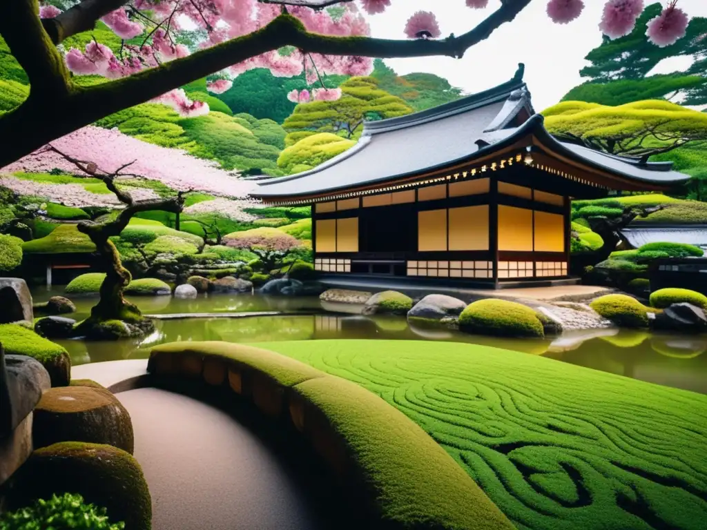 Un jardín sereno en Kioto con musgo verde vibrante, antiguas linternas de piedra y cerezos en flor