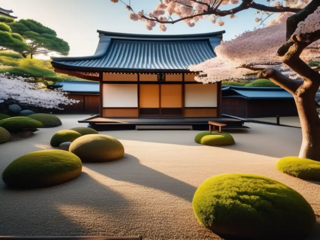 Un jardín sereno en Kyoto, creado por Nishida Kitaro y la escuela de Kioto, con un paisaje meticulosamente cuidado y una atmósfera contemplativa
