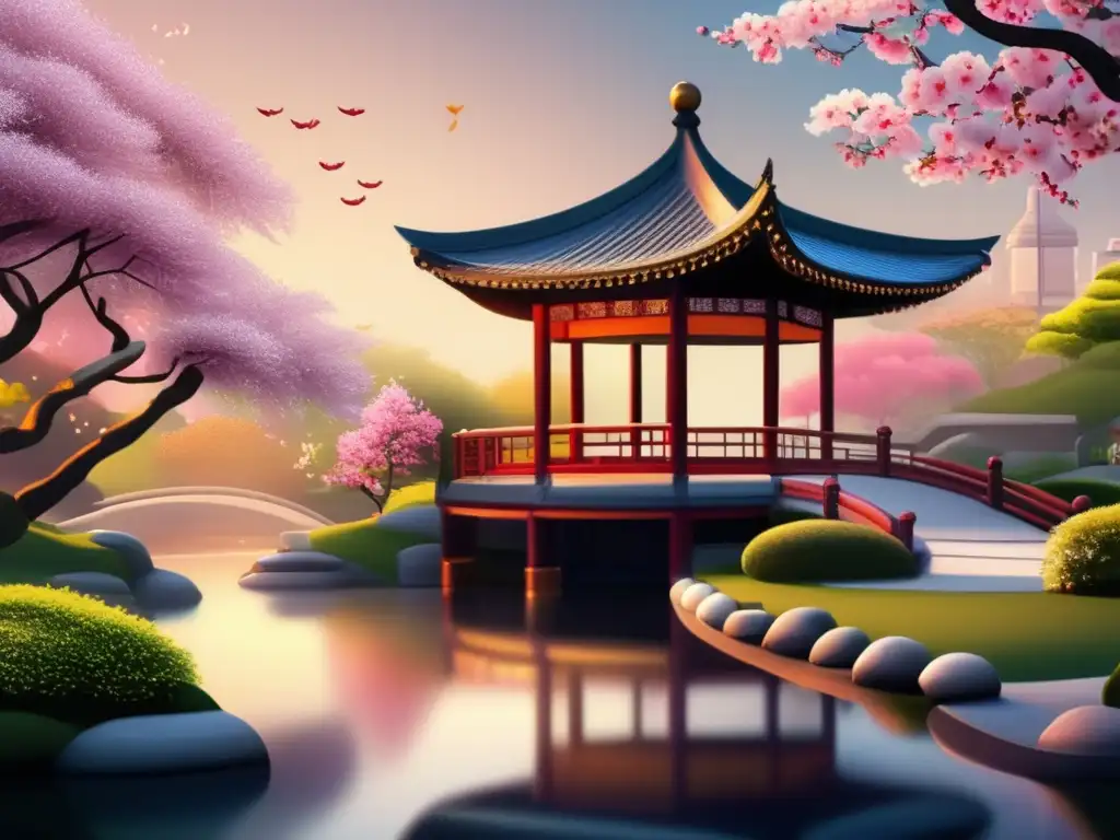Un jardín sereno y vibrante con un pabellón chino entre cerezos en flor, reflejando la Filosofía de la Armonía Taoísta