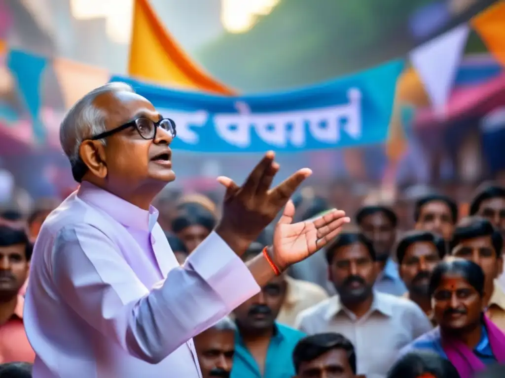 Jayaprakash Narayan lidera el Movimiento por la Democracia Total, hablando con pasión a una multitud en una bulliciosa calle
