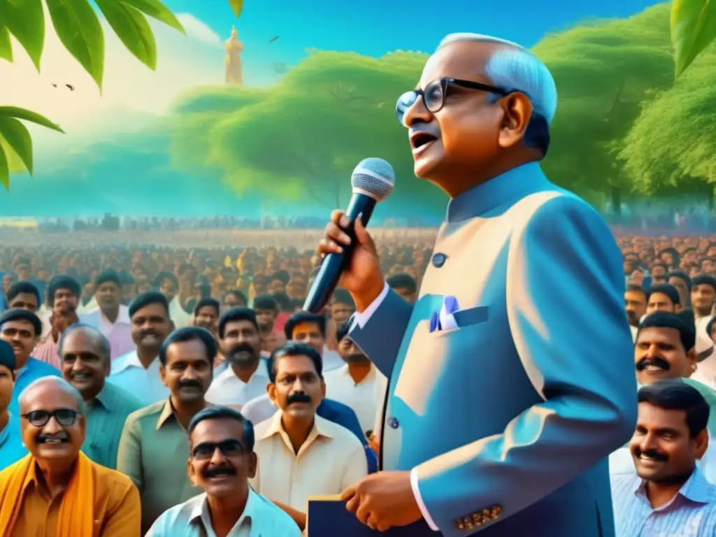 Jayaprakash Narayan lidera movimiento democracia total, inspirando a multitudes diversas bajo cielo azul vibrante